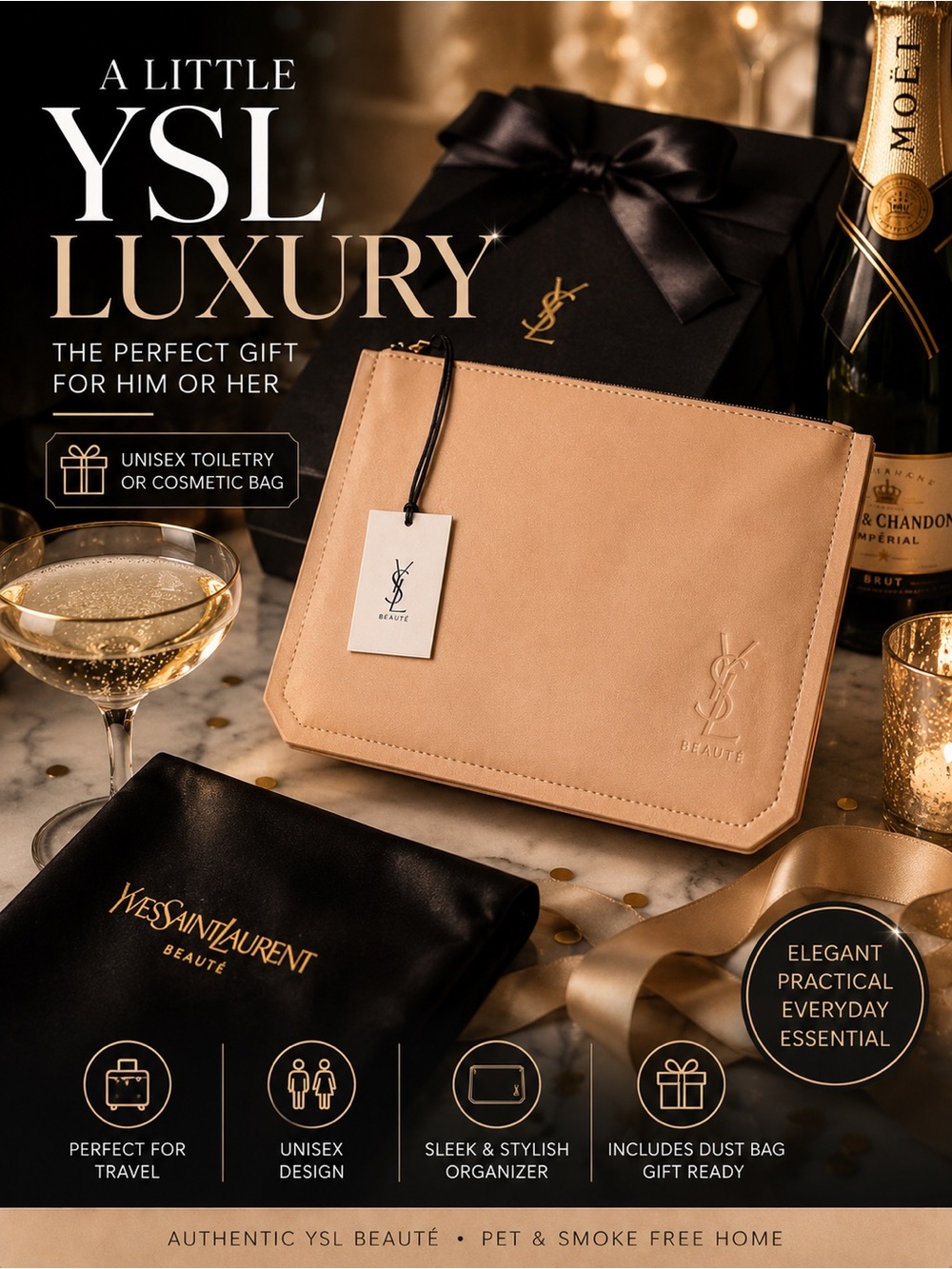 YSL Beauté Rose Pouch - Toiletry Bag With Dust Bag. New Luxury Unisex‎ Gift
